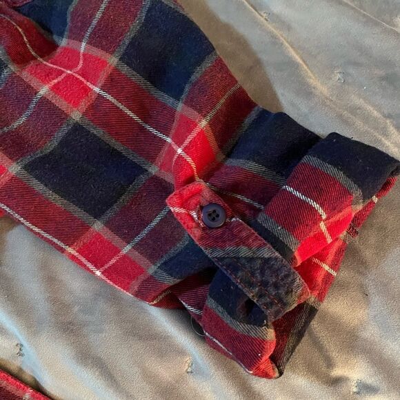 Forever 21 Navy Red Cotton Plaid Button Down Tie Front Top M - Picture 10 of 13